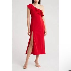 NWT Show Me Your MuMuFlorentine Red One Shoulder Midi Dress Ruffle Slit
